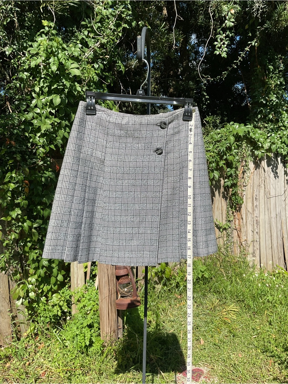 Plaid Gray A-Line Skirt with Button Detail